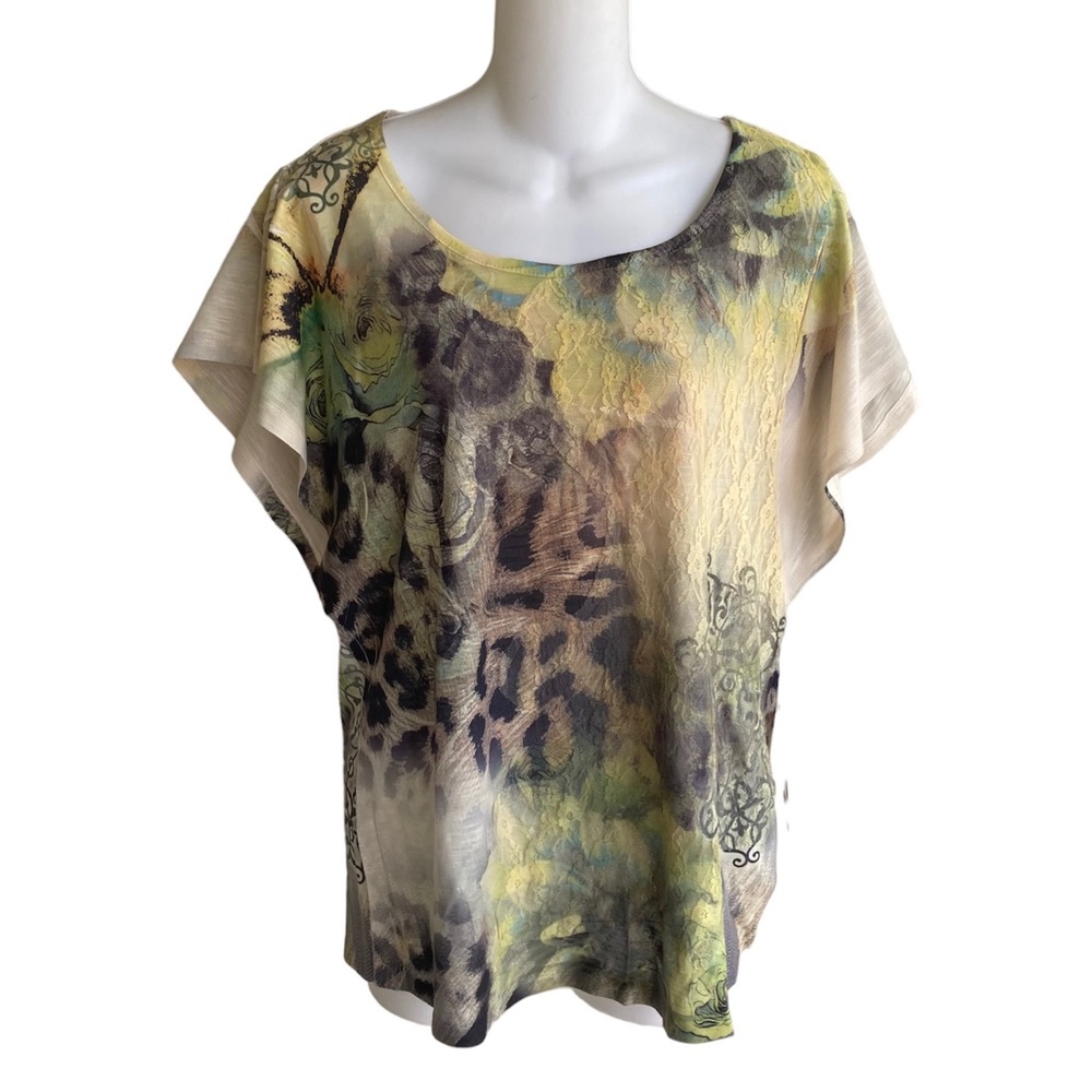Style & Co Green Gray Artsy Top Shirt Lace Animal Print Butterfly Sleeve S NWT